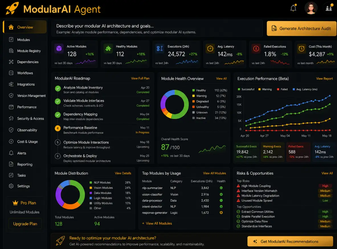 modularai.app modular AI app — agent builder dashboard preview